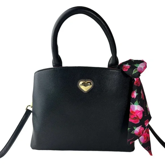 Betsey Johnson Gigi Triple Compartment Satchel W/ Scarf Black Purse Shoulder Bag - Picture 12 of 13